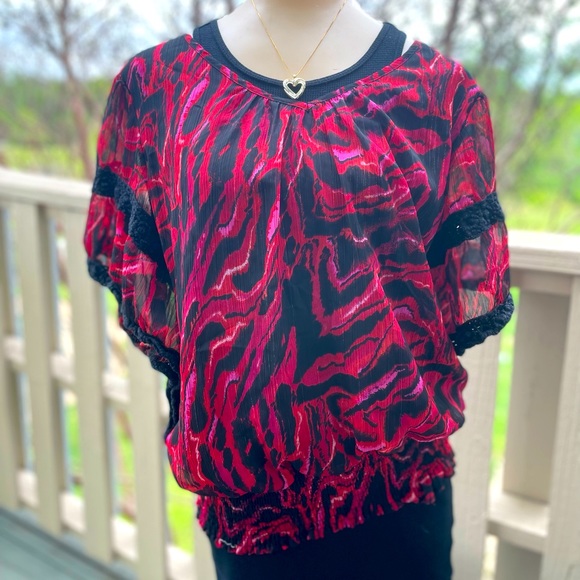 New Directions Women's large Top Blouse Short Dolman Sleeves red black - Picture 2 of 7